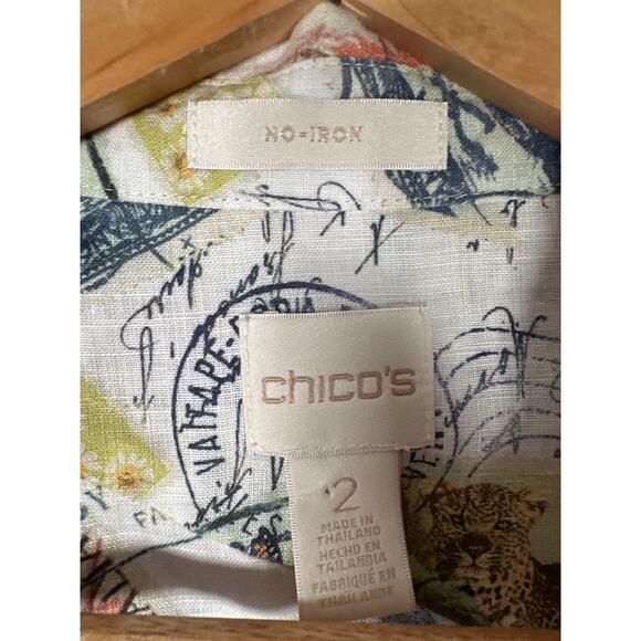 Chicos Women's Linen Postage Stamp 3/4 Sleeve Button-up Top Sz L (2) Travel - Picture 8 of 10
